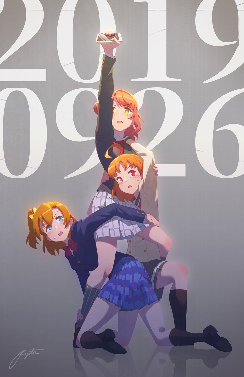 kosaka honoka, takami chika, and uehara ayumu (love live! and 7 more) drawn by regition