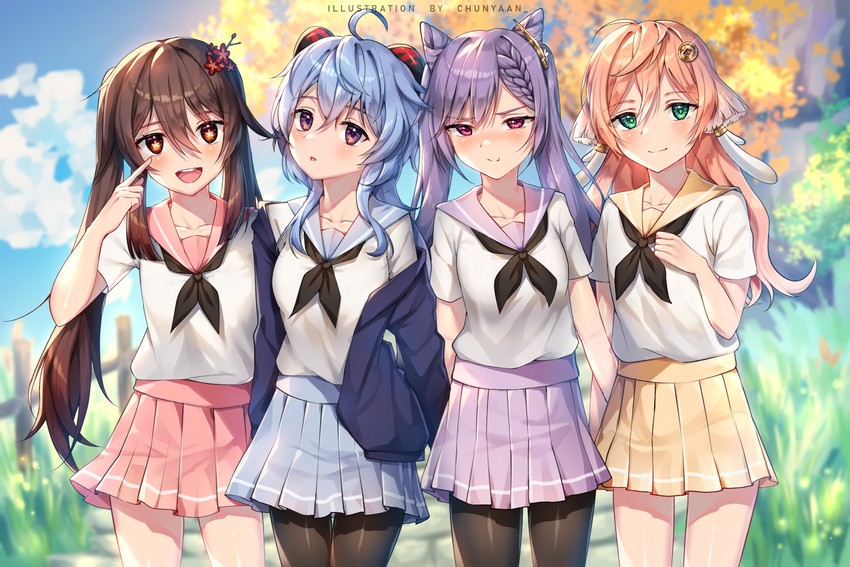 ganyu, hu tao, keqing, and yanfei (genshin impact) drawn by chunyaan