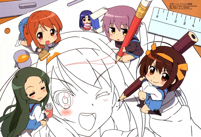 suzumiya haruhi, nagato yuki, asahina mikuru, asakura ryoko, tsuruya, and 1 more (suzumiya haruhi no yuuutsu and 2 more) drawn by nishiya_futoshi