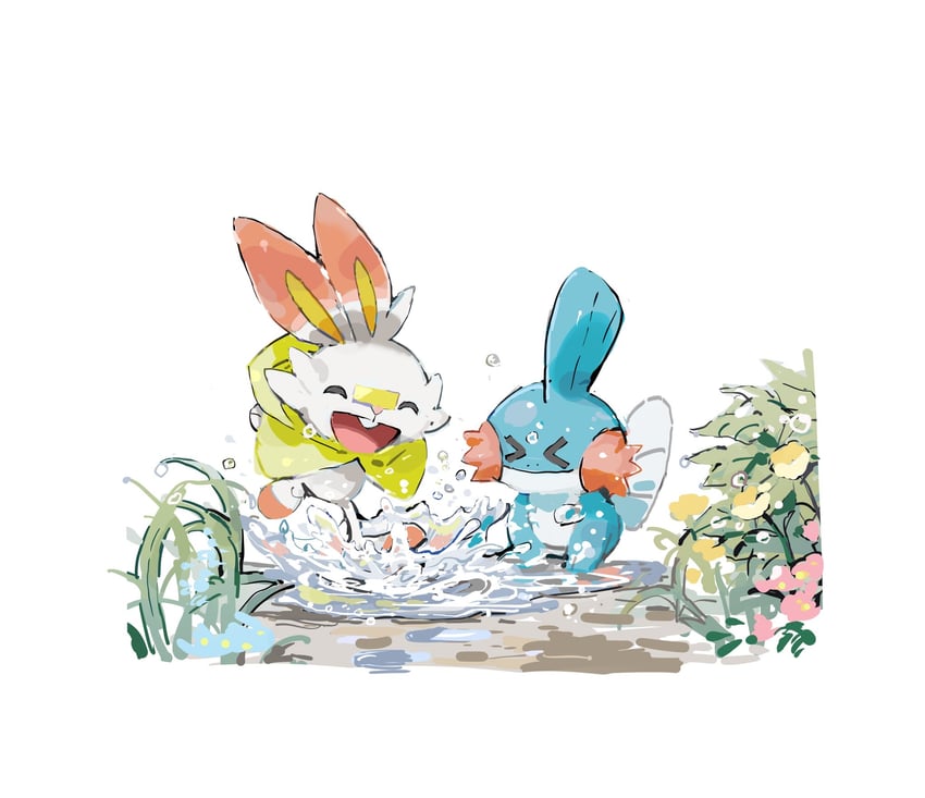 scorbunny and mudkip (pokemon) drawn by aisutabetao