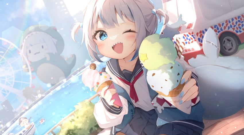 gawr gura, watson amelia, smol ame, and smol gura (hololive and 1 more) drawn by seboneko