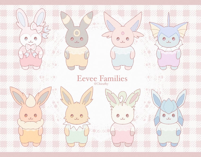 sylveon, umbreon, glaceon, vaporeon, espeon, and 3 more (pokemon and 1 more) drawn by one_(chirufhy)