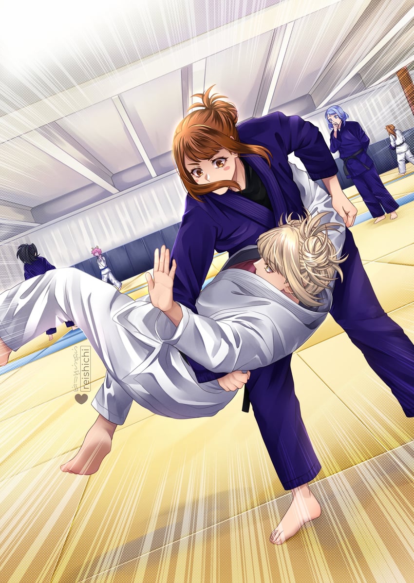 uraraka ochaco, toga himiko, yaoyorozu momo, ashido mina, hado nejire, and 1 more (boku no hero academia) drawn by reishichi