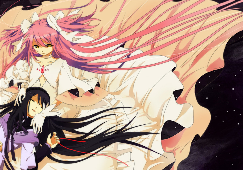 akemi homura, kaname madoka, and ultimate madoka (mahou shoujo madoka magica) drawn by megane_poni