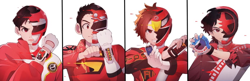 hando taiya, rouyama saki, red racer, go-on red, bun red, and 4 more (super sentai and 4 more) drawn by yuer_(user_ecrv4275)