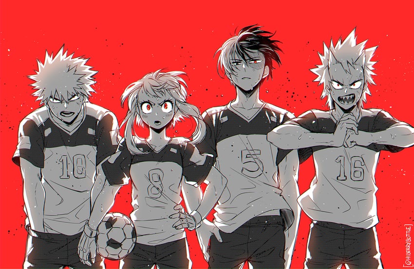 bakugou katsuki, uraraka ochaco, todoroki shoto, and kirishima eijiro (boku no hero academia) drawn by lowah