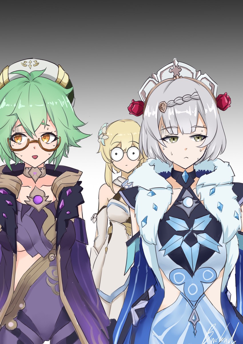 lumine, noelle, sucrose, cicin mage, electro cicin mage, and 1 more (genshin impact) drawn by bwcloud