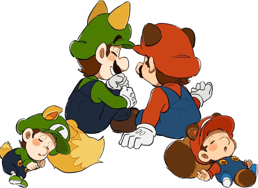 mario, luigi, baby mario, baby luigi, tanuki mario, and 1 more (mario and 1 more) drawn by mimimi_(mimimim9999)