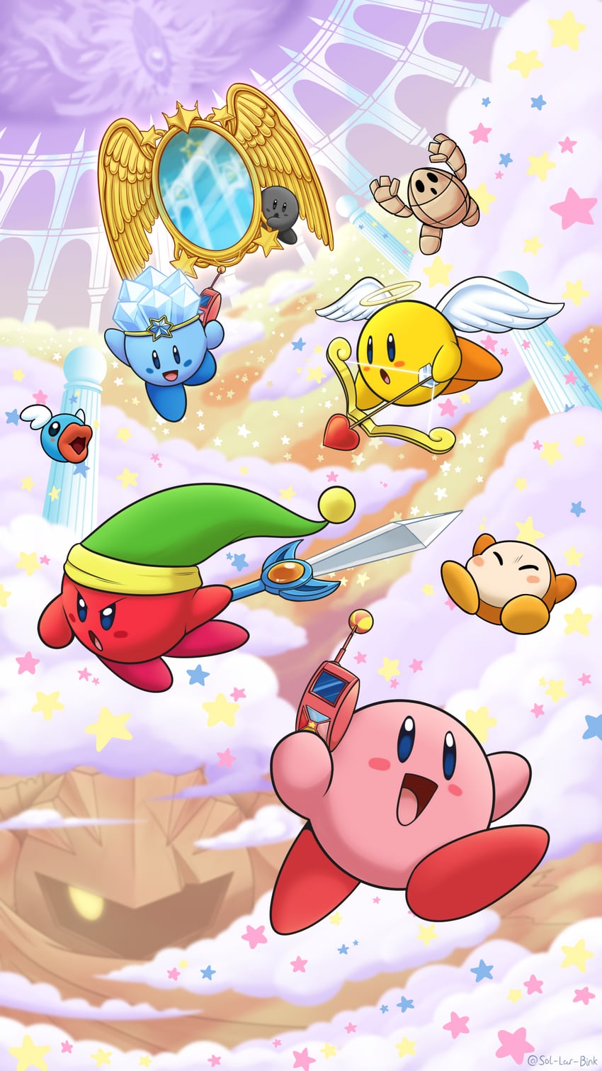 kirby, waddle dee, dark meta knight, sword kirby, shadow kirby, and 5 more (kirby and 1 more) drawn by sol-lar-bink