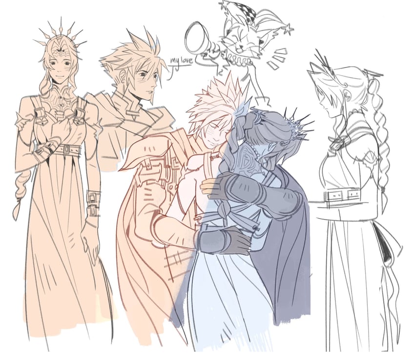 cloud strife, aerith gainsborough, and cait sith (final fantasy and 3 more) drawn by mmmckayyy