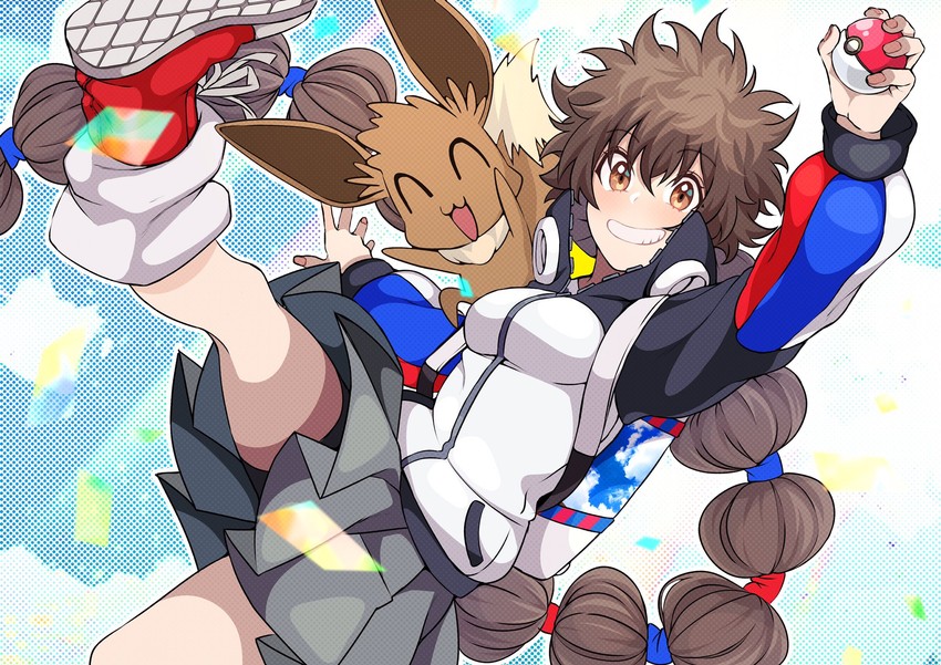 eevee and gotcha! girl (pokemon and 1 more) drawn by kobaji