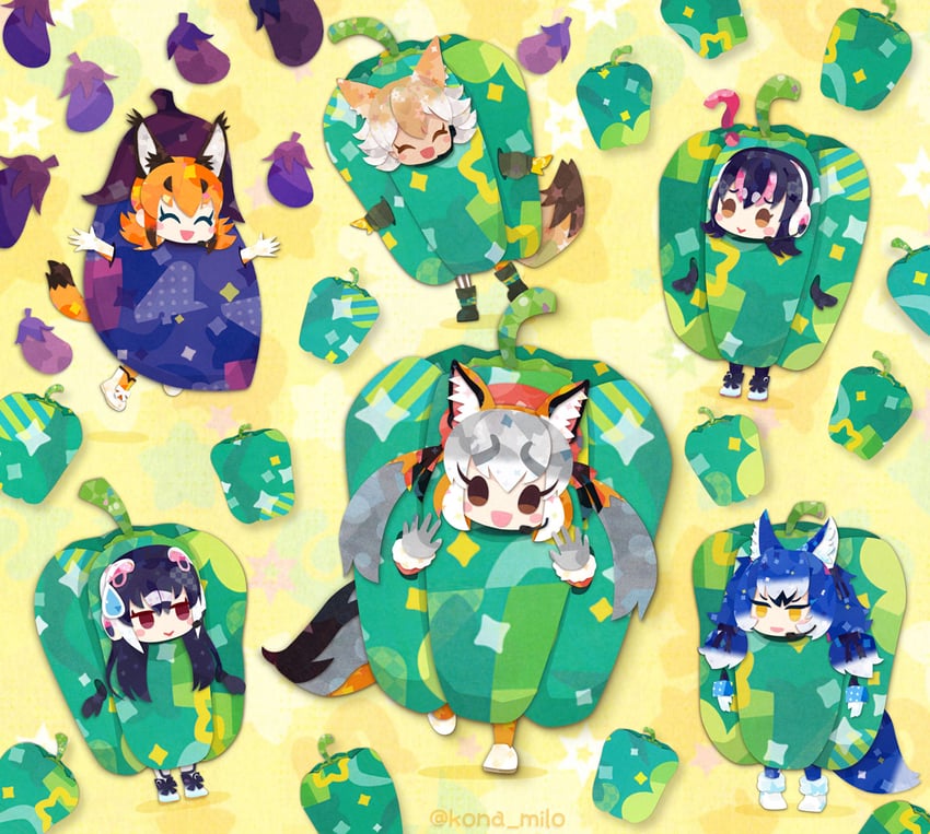 island fox, humboldt penguin, caracal, coyote, dire wolf, and 1 more (kemono friends and 1 more) drawn by kikuchi_milo