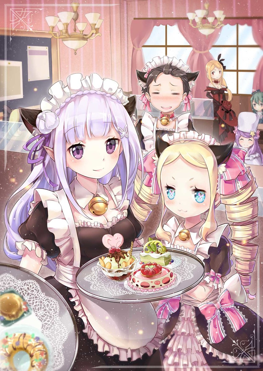 emilia, natsuki subaru, beatrice, felt, priscilla barielle, and 2 more (re:zero kara hajimeru isekai seikatsu) drawn by death-the-cat