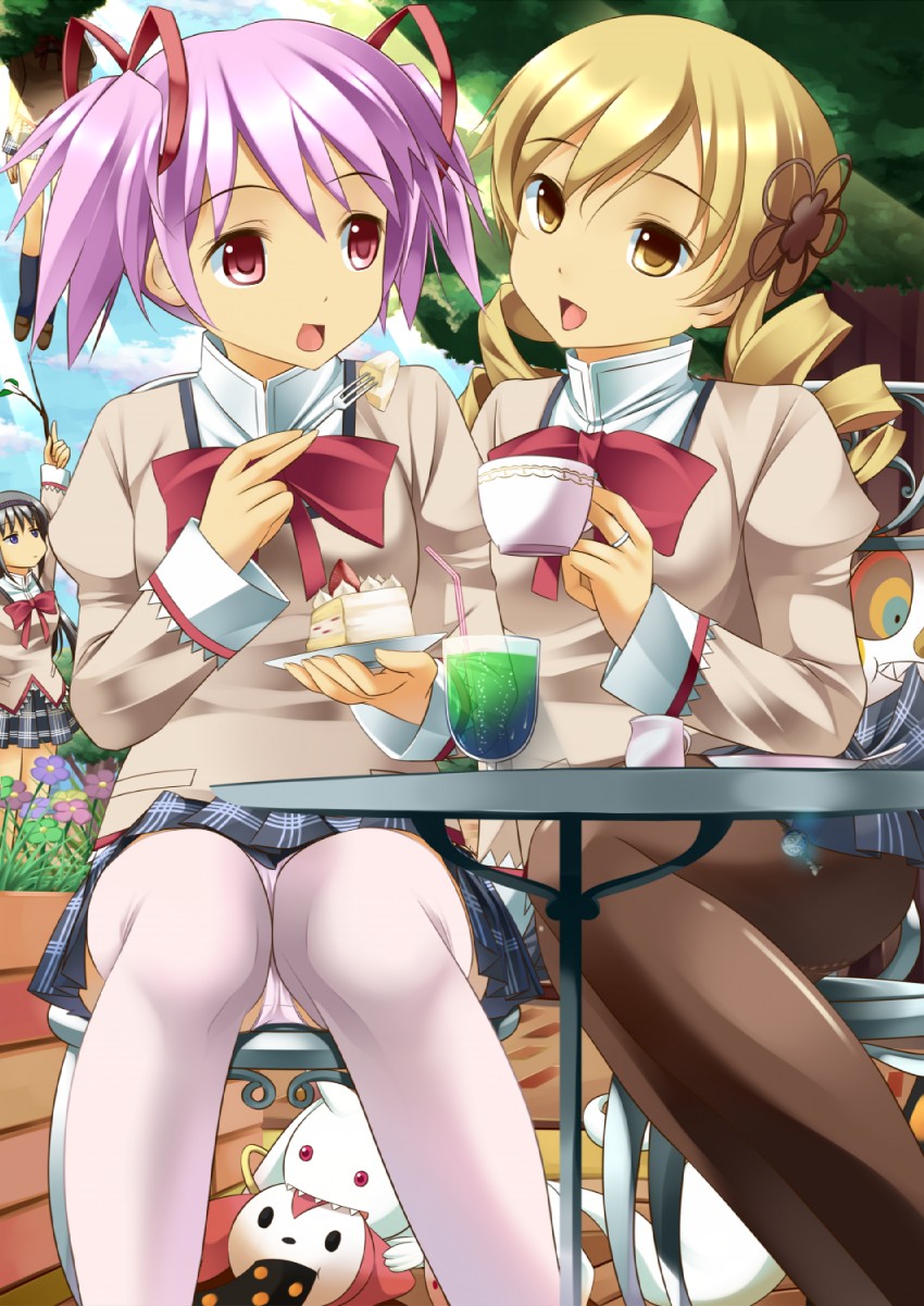 akemi homura, kaname madoka, miki sayaka, tomoe mami, kyubey, and 1 more (mahou shoujo madoka magica) drawn by onaka_sukisuki