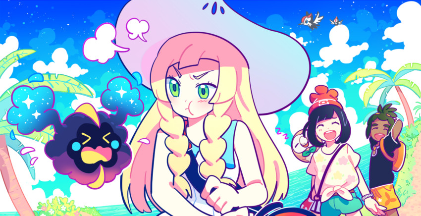 lillie, selene, rowlet, hau, cosmog, and 1 more (pokemon and 1 more) drawn by chueog