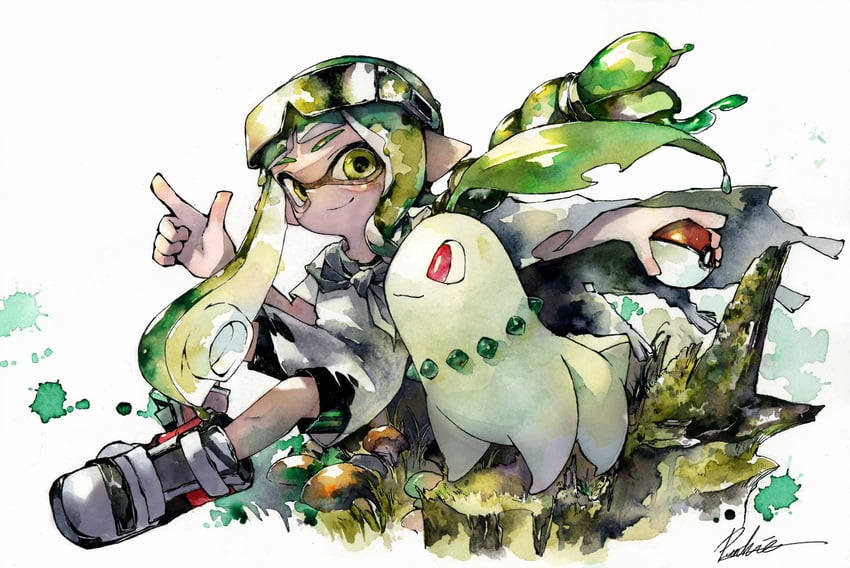 inkling player character, inkling girl, and chikorita (pokemon and 2 more) drawn by mhxbump