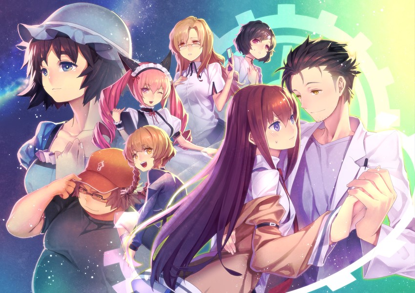 makise kurisu, okabe rintarou, shiina mayuri, amane suzuha, urushibara luka, and 3 more (steins;gate) drawn by misti