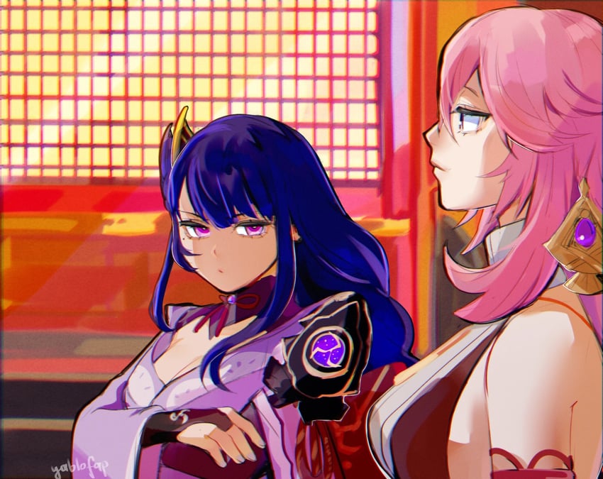 raiden shogun and yae miko (genshin impact) drawn by alohapz