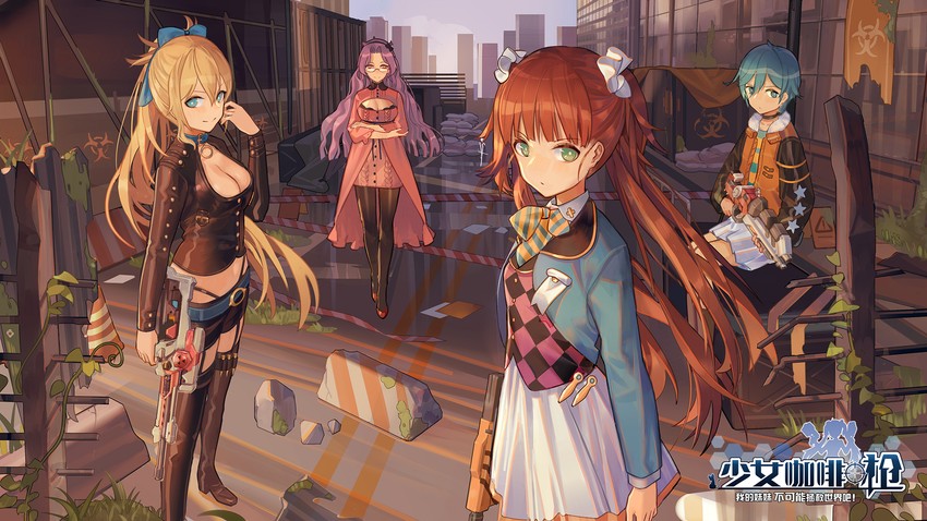 juno emmons, rococo, nola moon, and cornelia (girl cafe gun) drawn by norizc