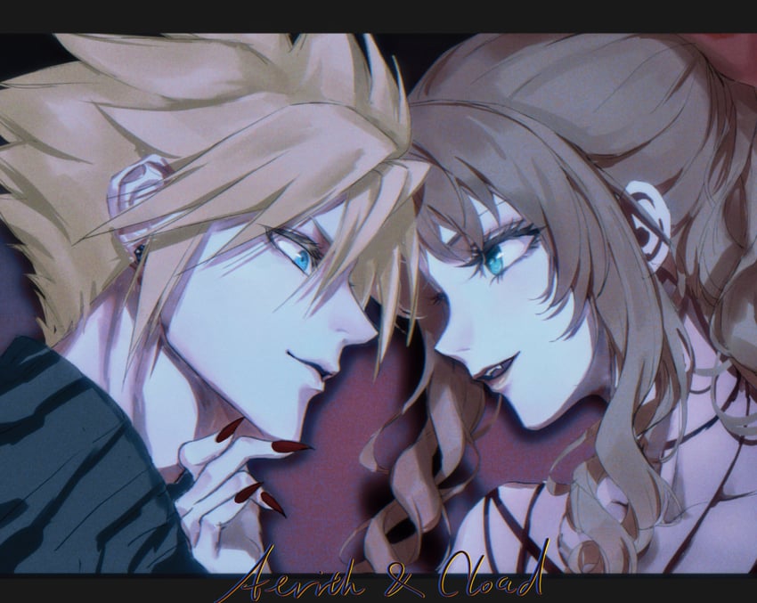 cloud strife and aerith gainsborough (final fantasy and 1 more) drawn by yaoko
