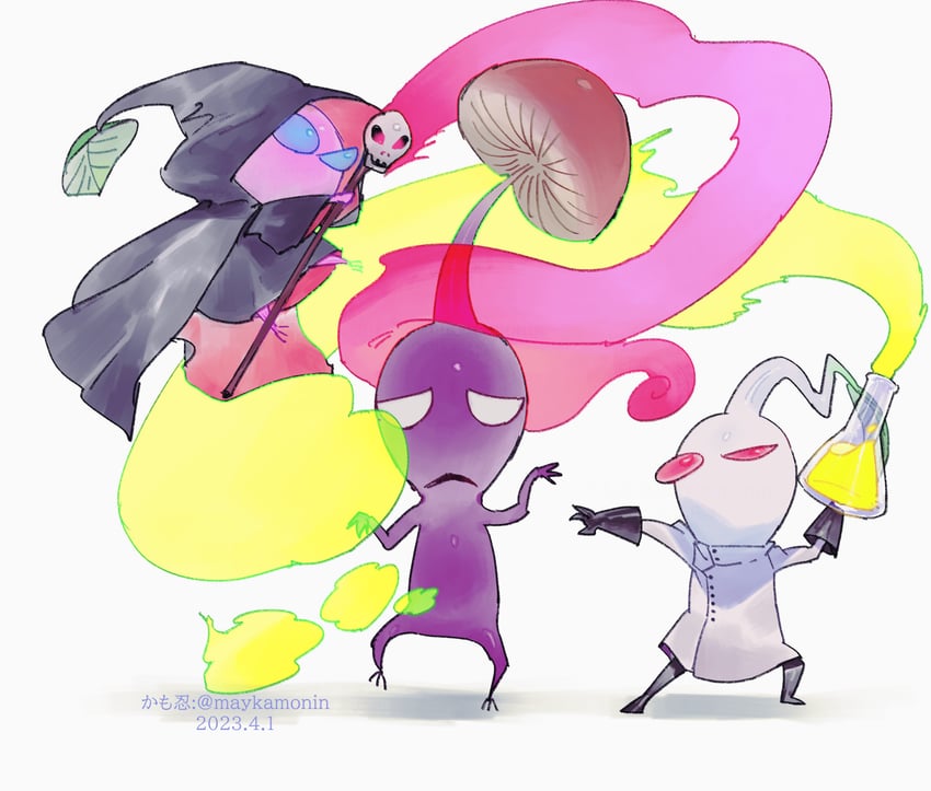 white pikmin, winged pikmin, and mushroom pikmin (pikmin) drawn by maykamonin