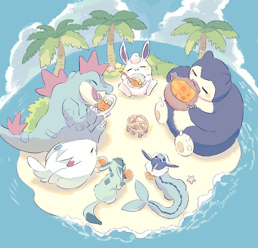 glaceon, vaporeon, snorlax, feraligatr, togekiss, and 1 more (pokemon and 1 more) drawn by yurano_(upao)