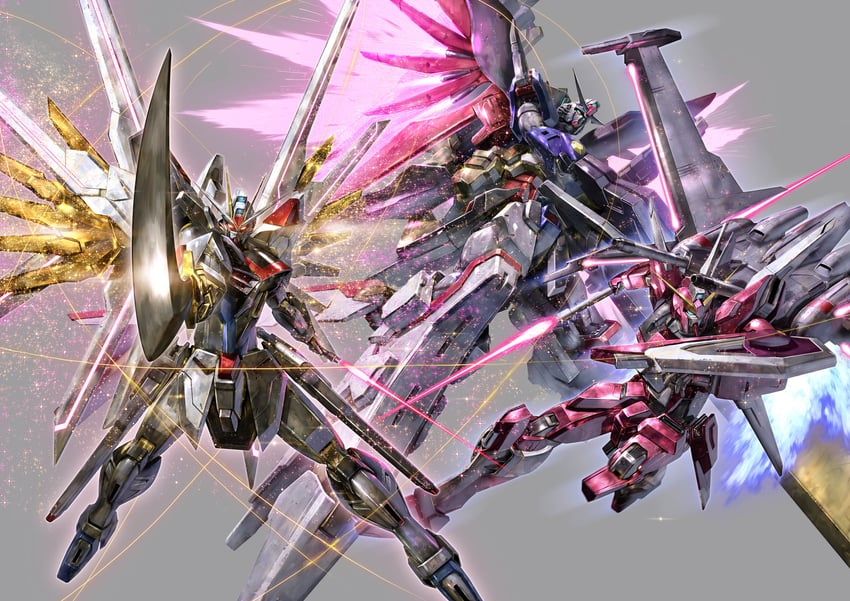 mighty strike freedom gundam, destiny gundam spec ii, and infinite justice gundam type ii (gundam and 2 more) drawn by morishita_naochika