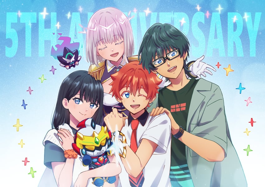 takarada rikka, shinjou akane, hibiki yuuta, gridman, utsumi shou, and 2 more (gridman universe) drawn by nikonishi