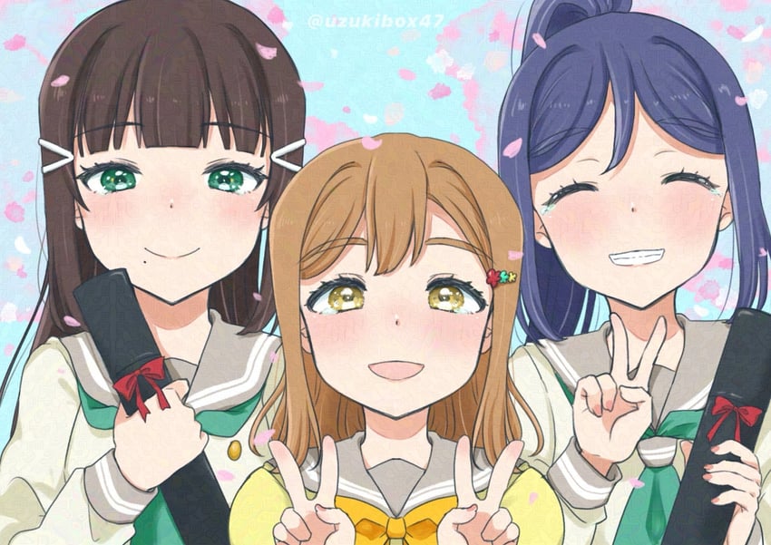 matsuura kanan, kurosawa dia, and kunikida hanamaru (love live! and 1 more) drawn by uzukibox47