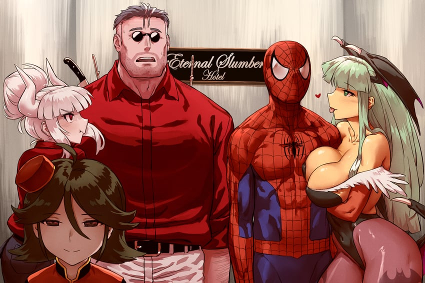 morrigan aensland, lucifer, spider-man, helltaker, and elevator girl (marvel and 5 more) drawn by haraya_manawari
