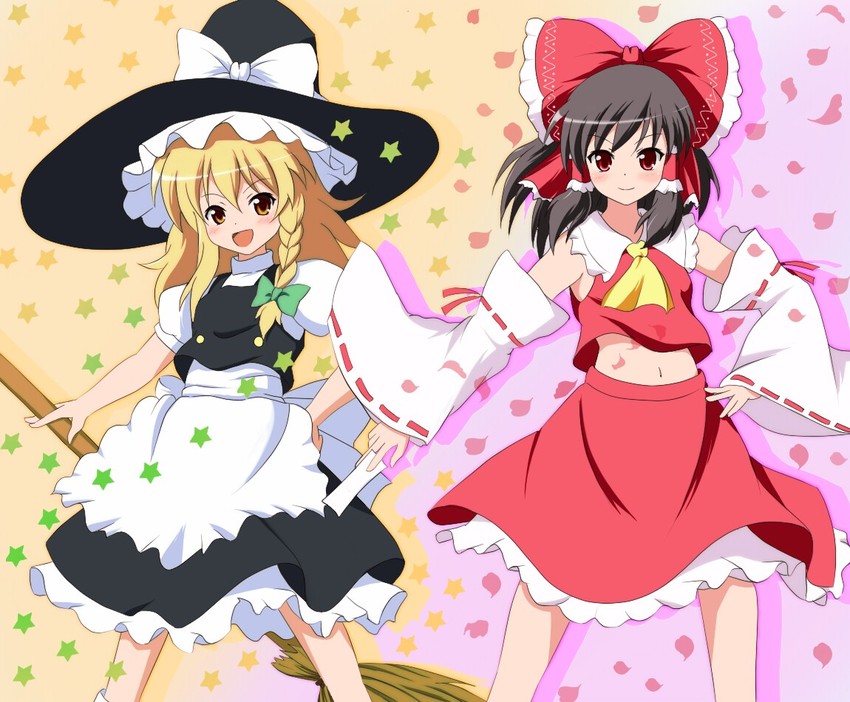 hakurei reimu and kirisame marisa (touhou) drawn by miracle_(miracle1980)