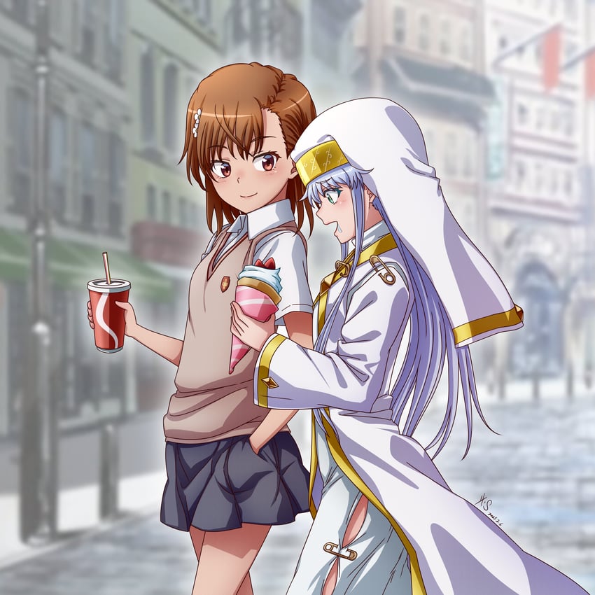 misaka mikoto and index (toaru majutsu no index and 1 more) drawn by djt_(user_wrzg5248)