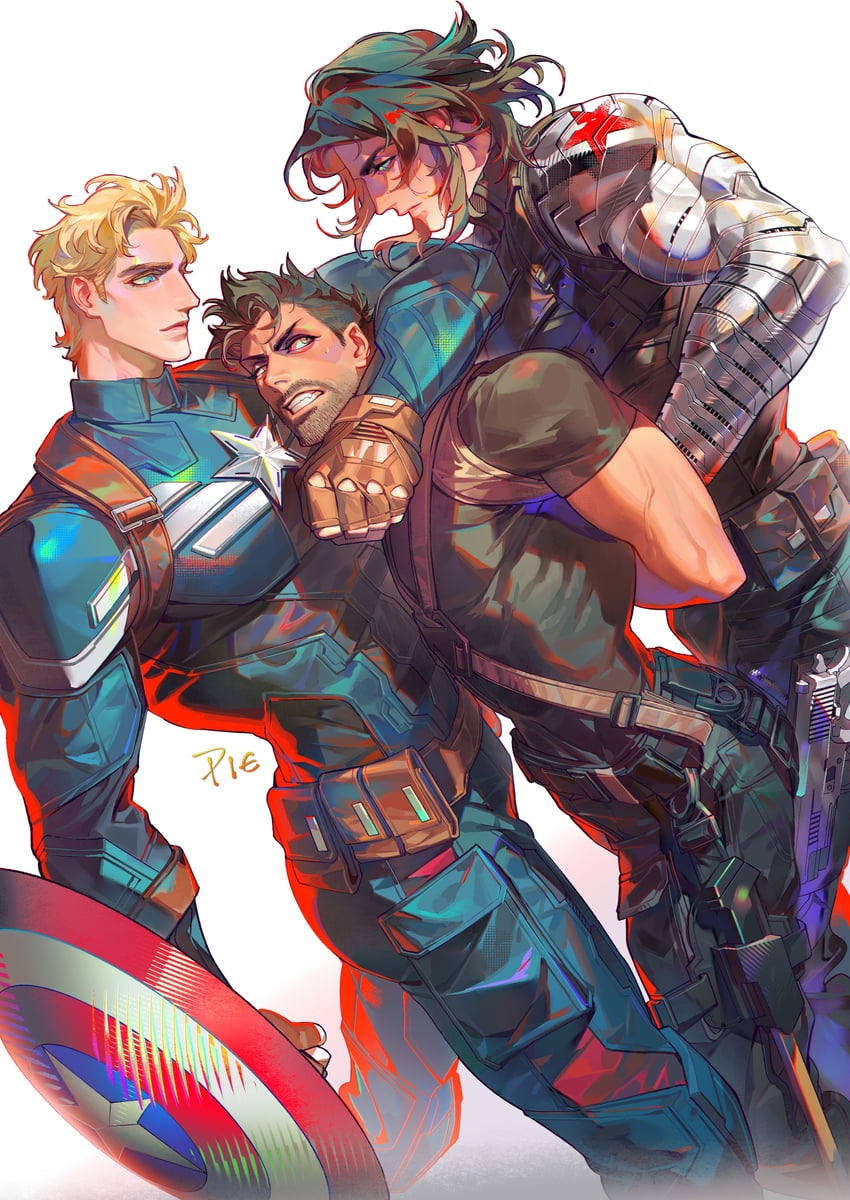 steve rogers, captain america, bucky barnes, winter soldier, the punisher, and 1 more (marvel and 3 more) drawn by juicer113