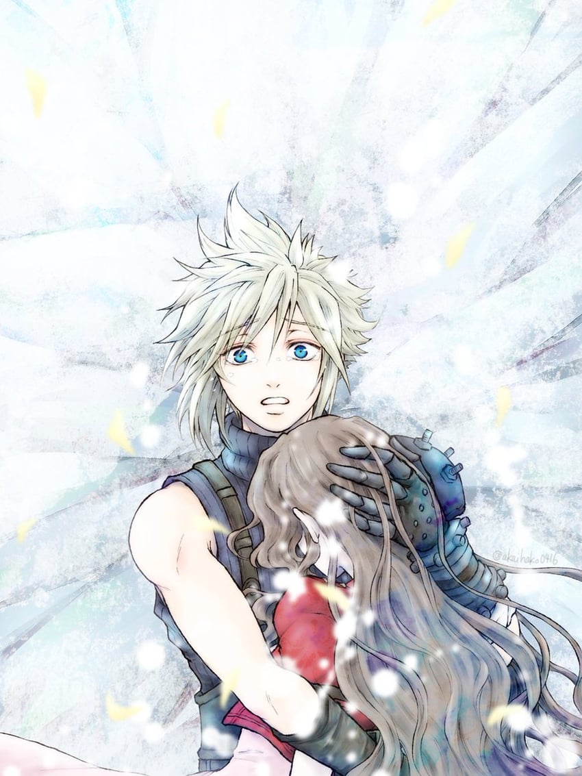 cloud strife and aerith gainsborough (final fantasy and 2 more) drawn by you_(blacknwhite)