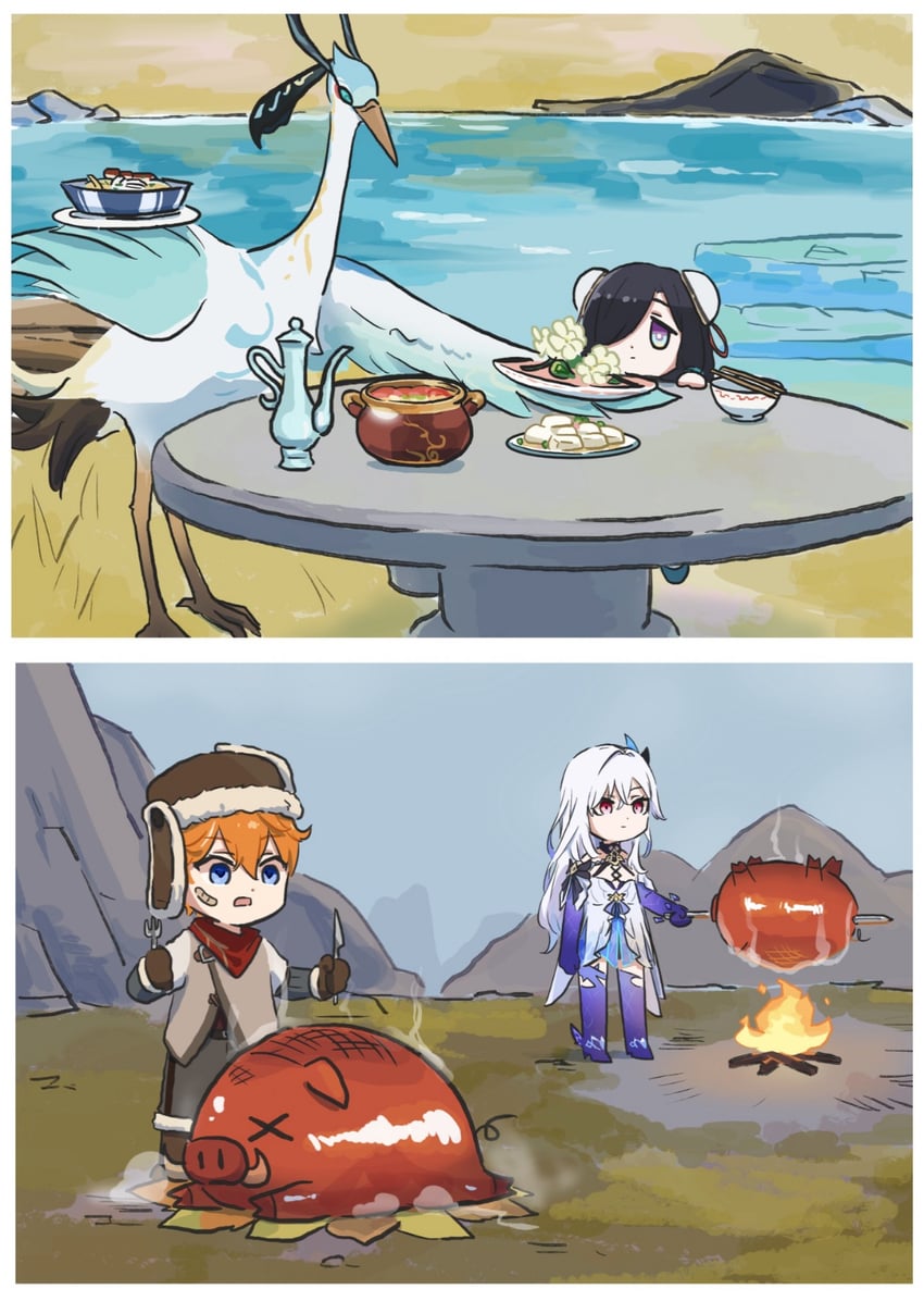 tartaglia, shenhe, xianyun, skirk, and cloud retainer (genshin impact) drawn by xinzoruo