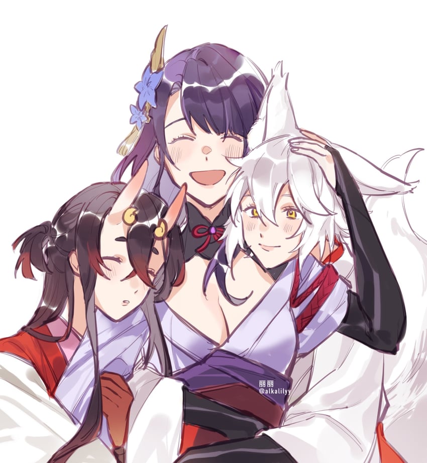raiden shogun, kitsune saiguu, and chiyo (genshin impact) drawn by alkalilyy