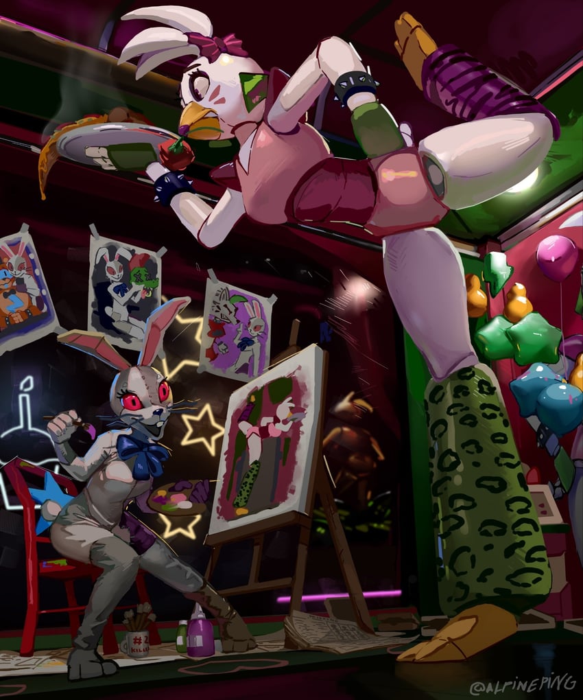 glamrock freddy, roxanne wolf, vanny, montgomery gator, and glamrock chica (five nights at freddy's and 1 more) drawn by alpineping