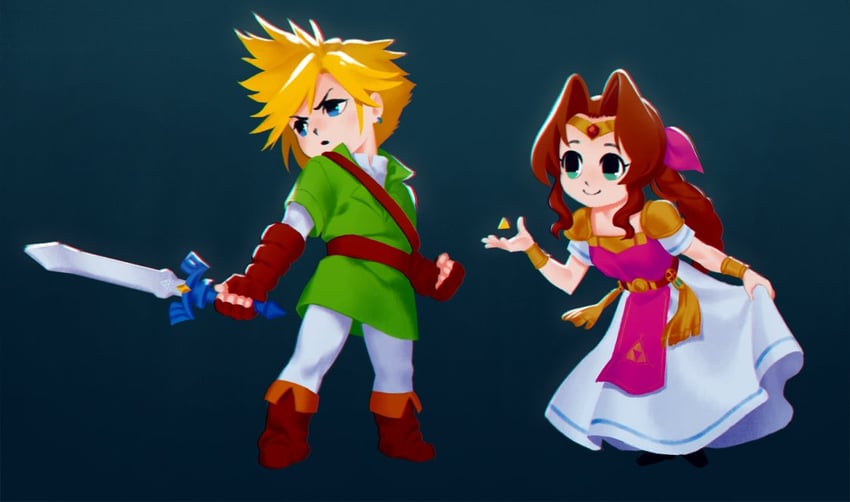 link, princess zelda, cloud strife, and aerith gainsborough (final fantasy and 3 more) drawn by hollyfig