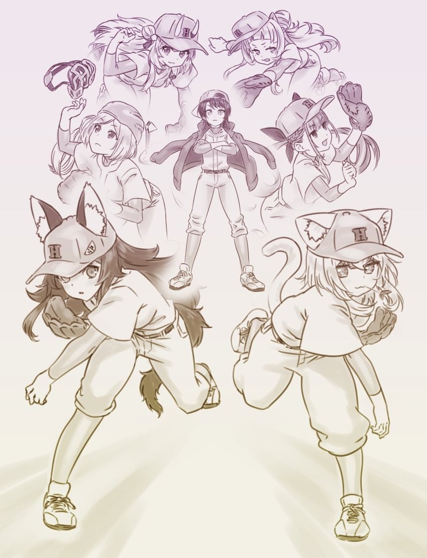nekomata okayu, minato aqua, ookami mio, oozora subaru, murasaki shion, and 2 more (hololive) drawn by magari_(c0rn3r)