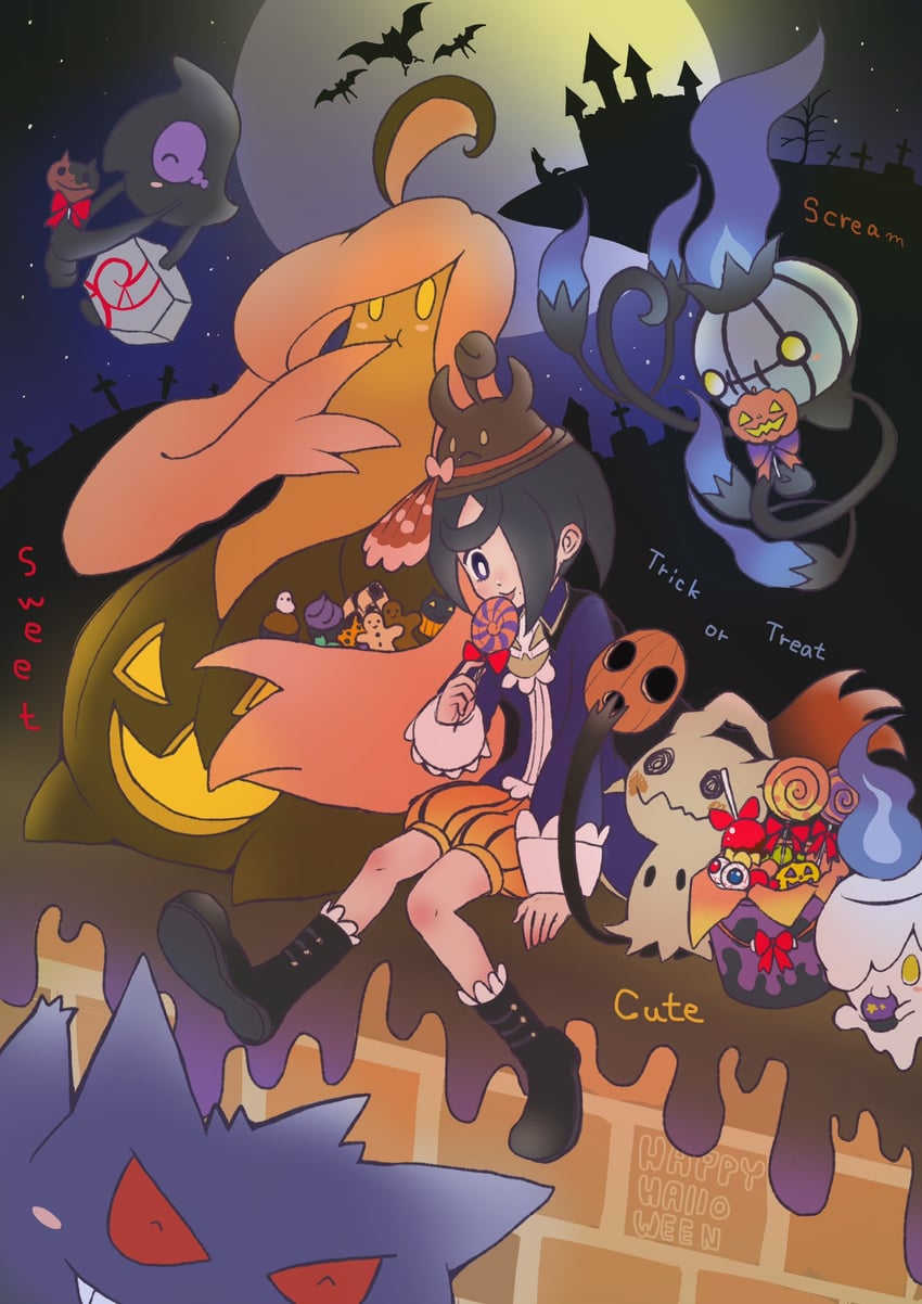 gengar, mimikyu, litwick, chandelure, zubat, and 4 more (pokemon and 1 more) drawn by moshi2hitomoshi