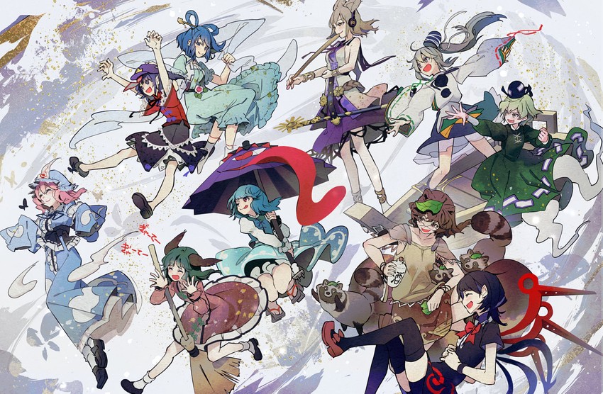 saigyouji yuyuko, tatara kogasa, houjuu nue, toyosatomimi no miko, mononobe no futo, and 5 more (touhou and 1 more) drawn by syuri22