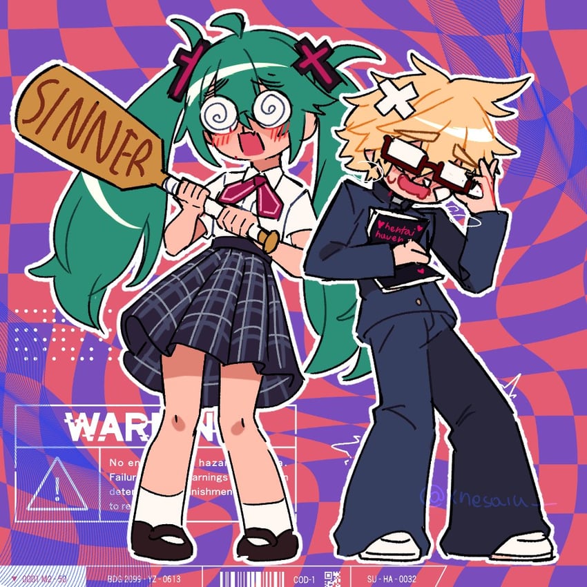 hatsune miku and kagamine len (vocaloid and 2 more) drawn by xnesaiu