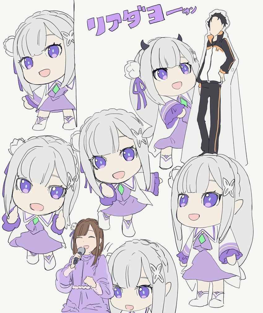 emilia, natsuki subaru, and takahashi rie (re:zero kara hajimeru isekai seikatsu and 1 more) drawn by 8_humi