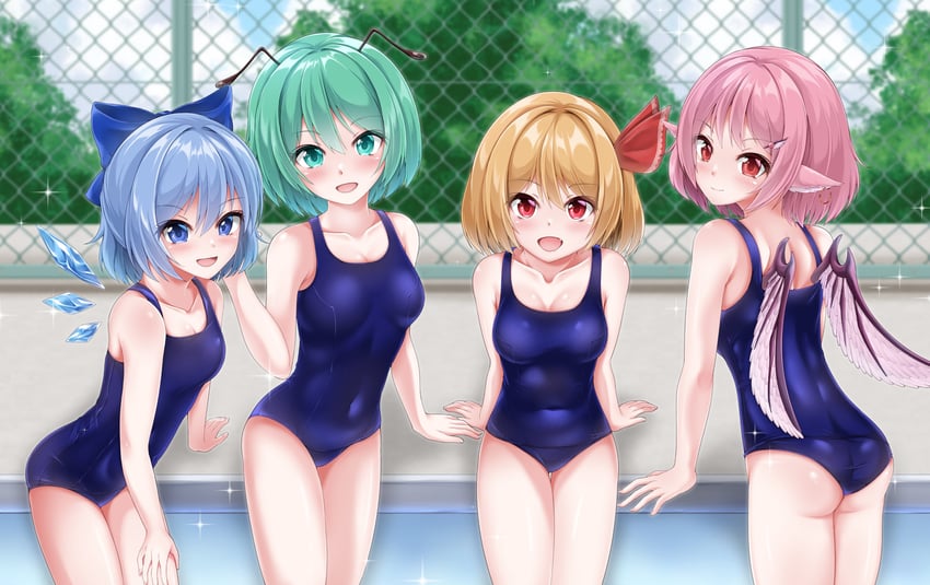 cirno, rumia, mystia lorelei, and wriggle nightbug (touhou) drawn by muki_(munikichan)