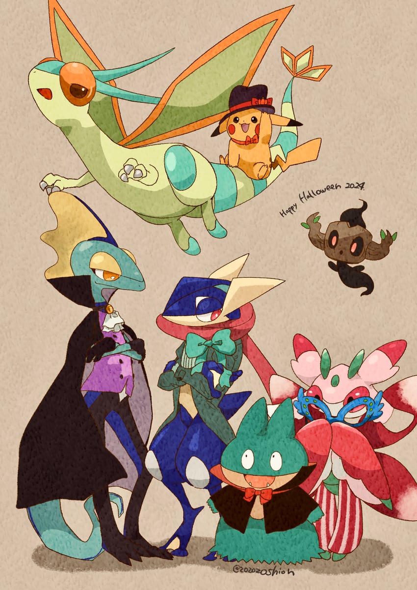 pikachu, flygon, greninja, inteleon, munchlax, and 2 more (pokemon) drawn by zozozoshion