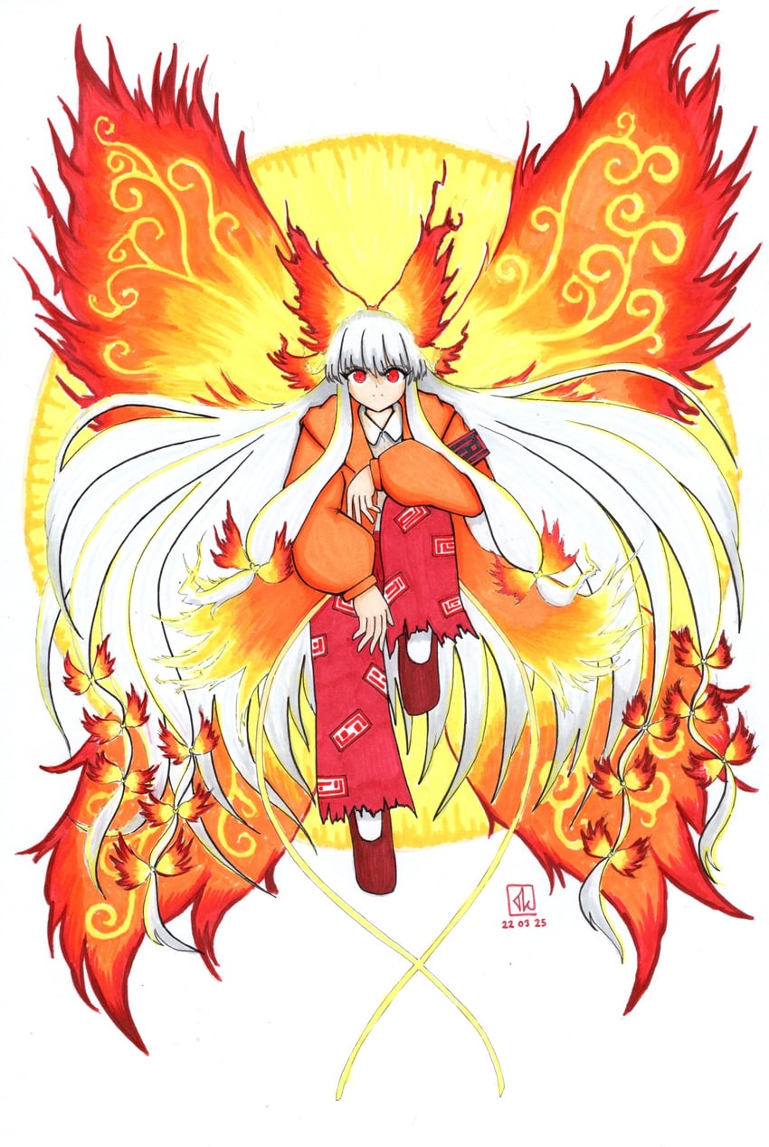 fujiwara no mokou and ardor blossom moth (touhou and 2 more) drawn by thatkirisame