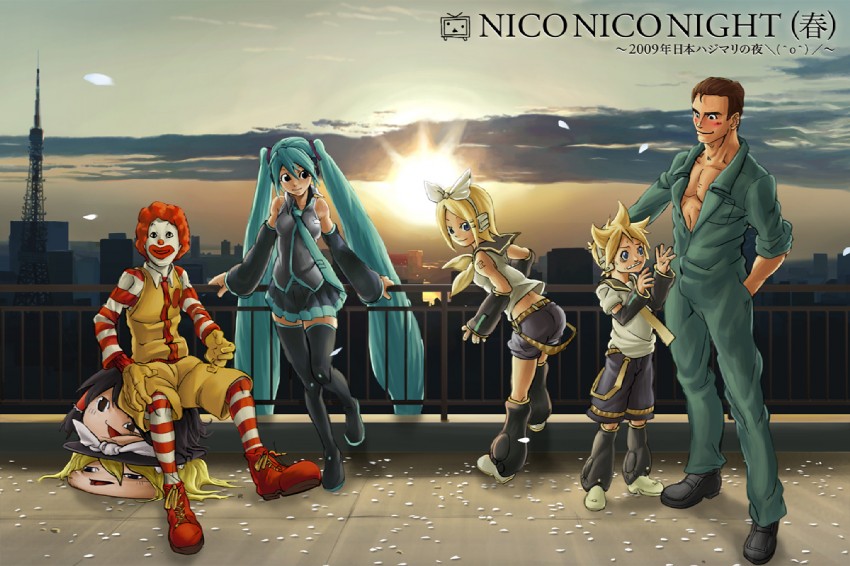 hatsune miku, hakurei reimu, kirisame marisa, kagamine rin, kagamine len, and 2 more (touhou and 4 more) drawn by evanz