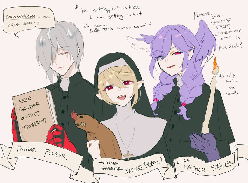 selen tatsuki, pomu rainpuff, and fulgur ovid (nijisanji and 1 more) drawn by kukku_luuruu