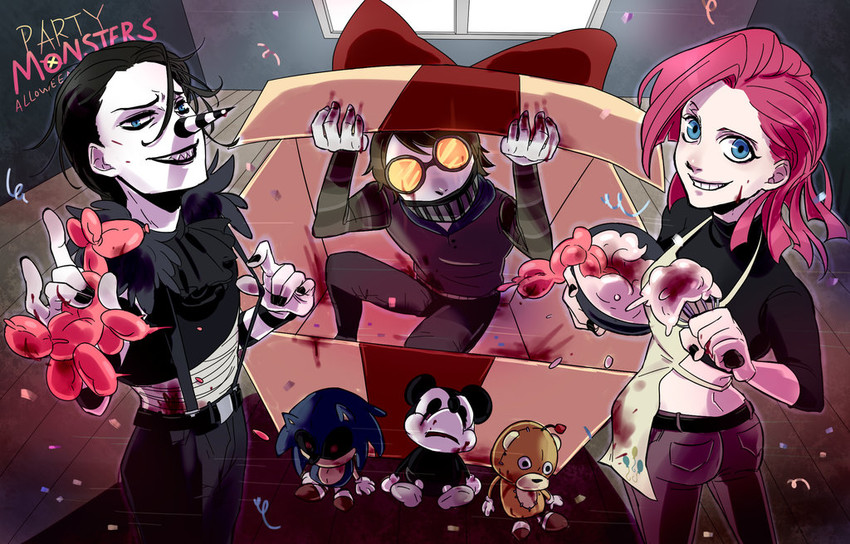sonic the hedgehog, mickey mouse, pinkie pie, laughing jack, ticci toby, and 1 more (sonic and 6 more)