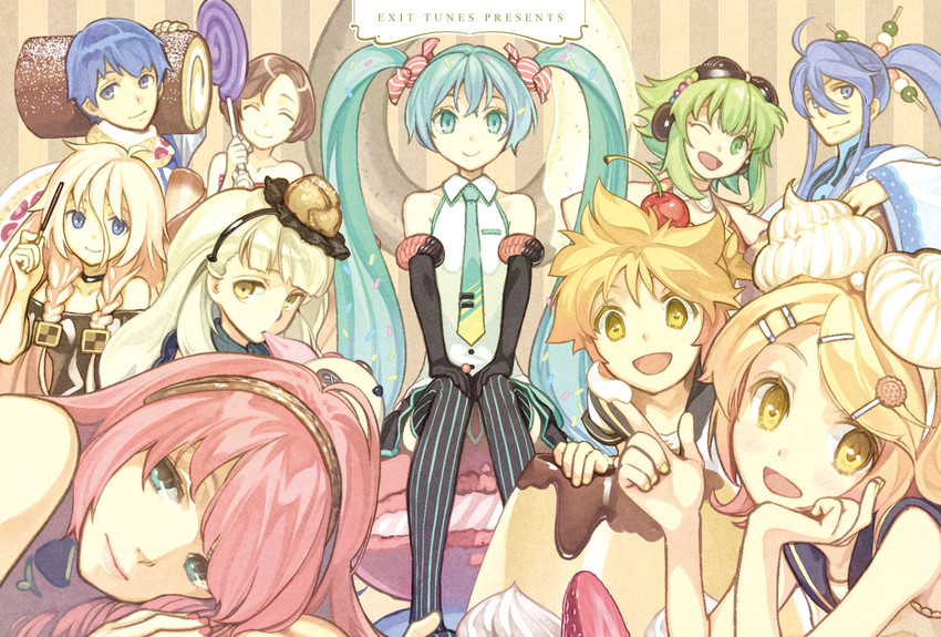 hatsune miku, kagamine rin, kagamine len, megurine luka, kaito, and 6 more (vocaloid and 1 more) drawn by hidari_(left_side)